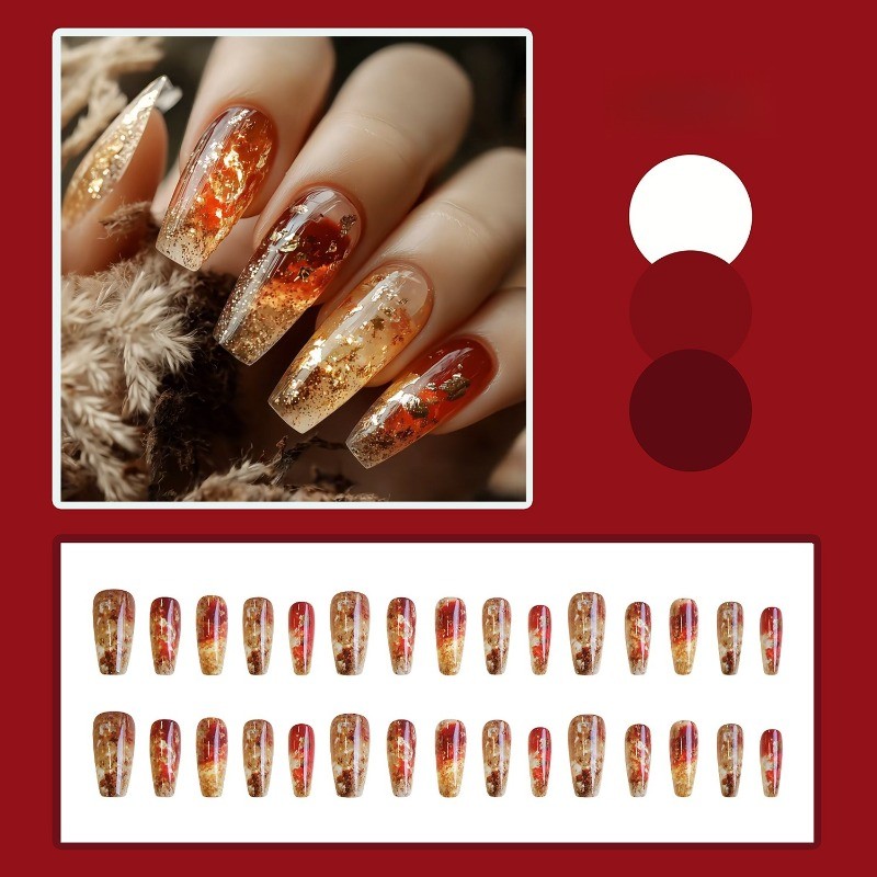 48Pcs-Autumn Gold Press on Nails Long Coffin Nail Art Amber Gradient Finish