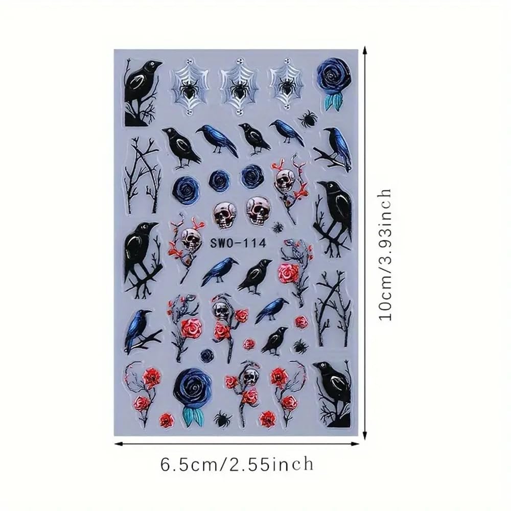 2Pcs Halloween 5D Nail Art Stickers – Black Red Roses Crow Skulls and Black C…