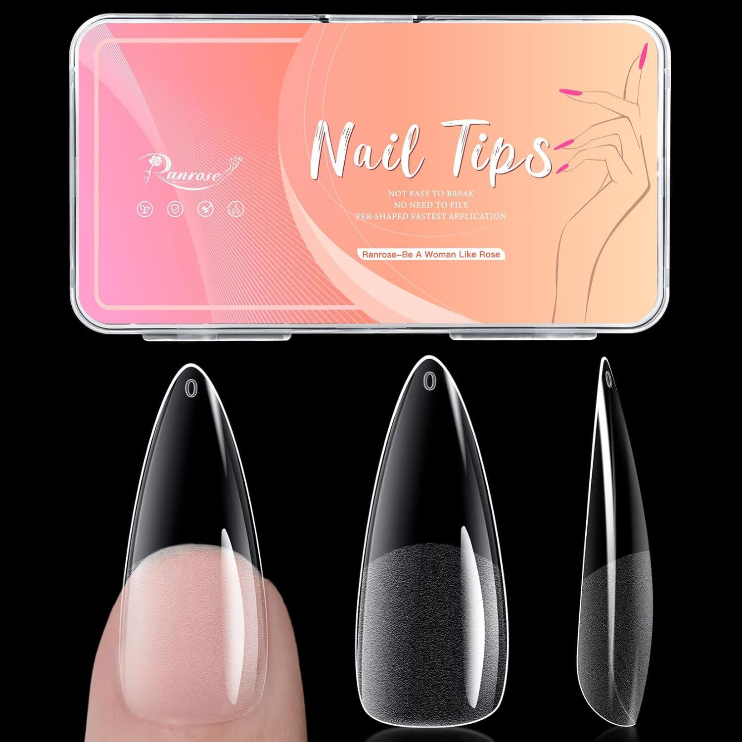 Long Almond Nail Tips: 240Pcs Nail Tips Full Cover False Nail 12 Sizes Half Matt