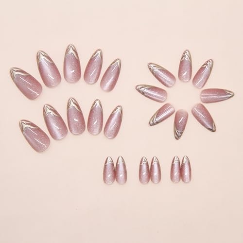 French Tip Press on Nails Medium Almond Fake Nails Bling French Tip Nails-19