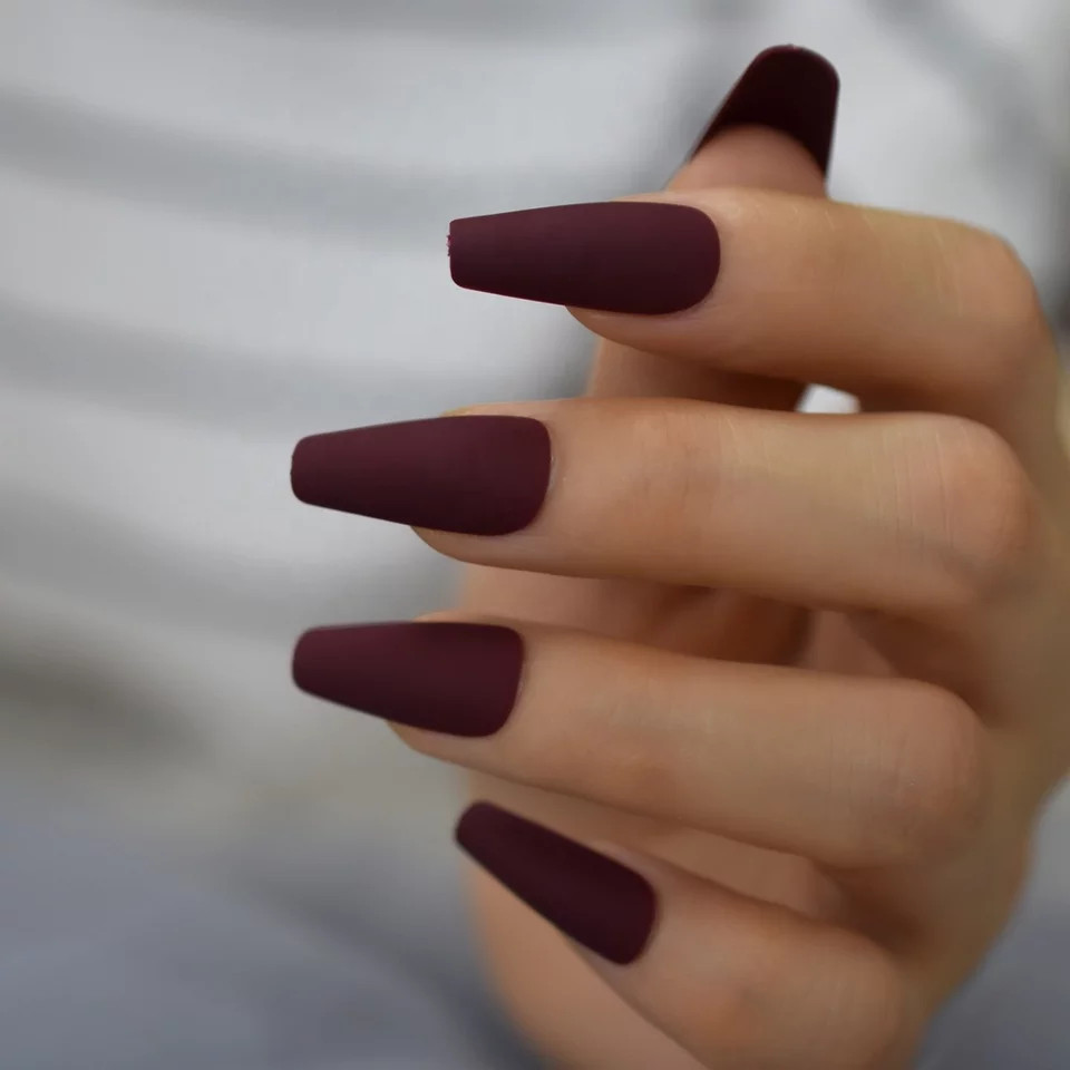 24 New Matte Burgundy Coffin Press on nails kit glue goth mulberry maroon