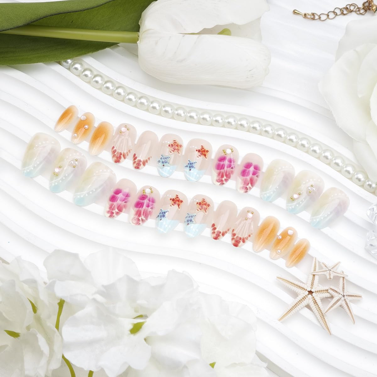 30Pcs Summer Beach Press on Nails Short Almond Fake Nails 3D Shell Starfish ＆Gol