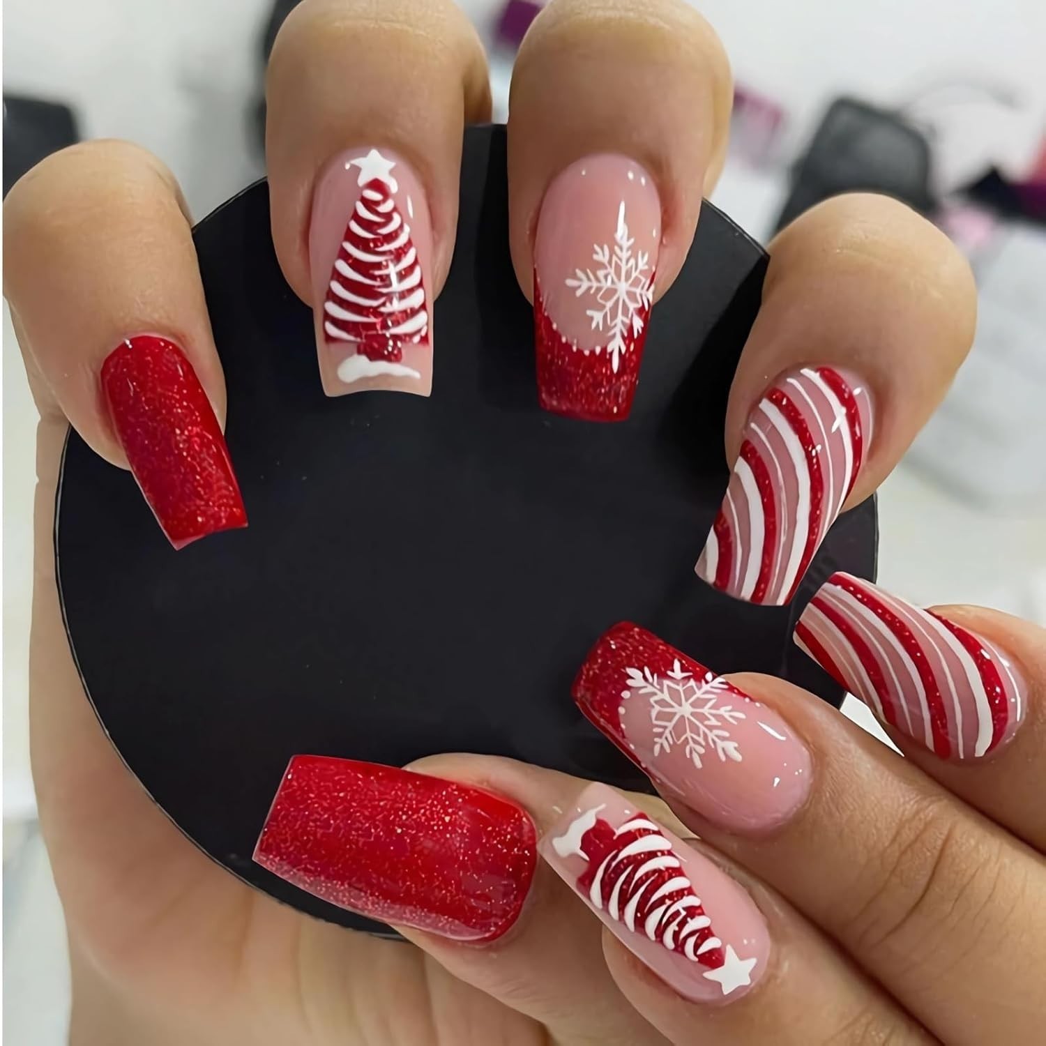 Holiday Acrylic Nails: Custom 24Pcs Red French Glitter & Snowflake Design