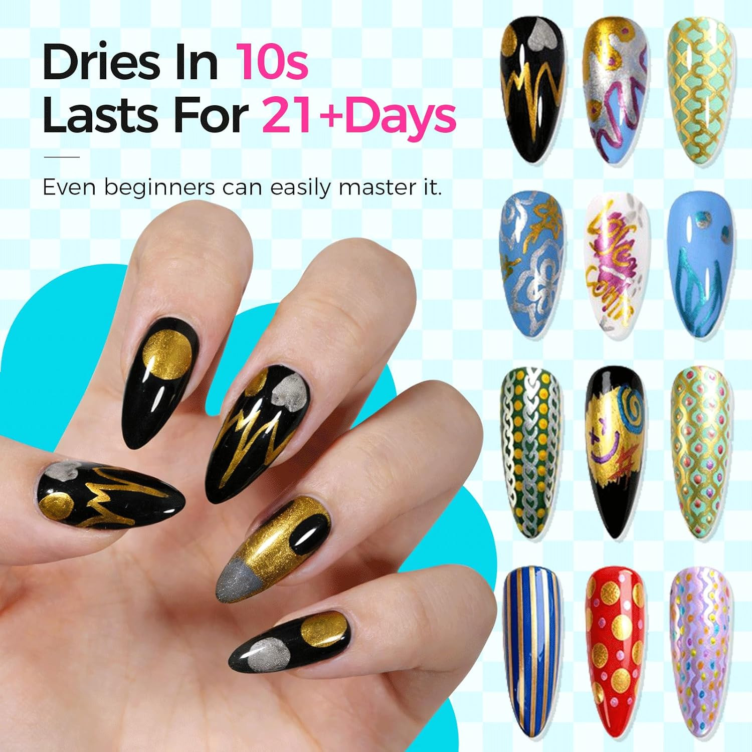 12 Colors Metallic Nail Art Pens 0.5Mm, Waterproof Quick Dry for Nail DIY | Acry