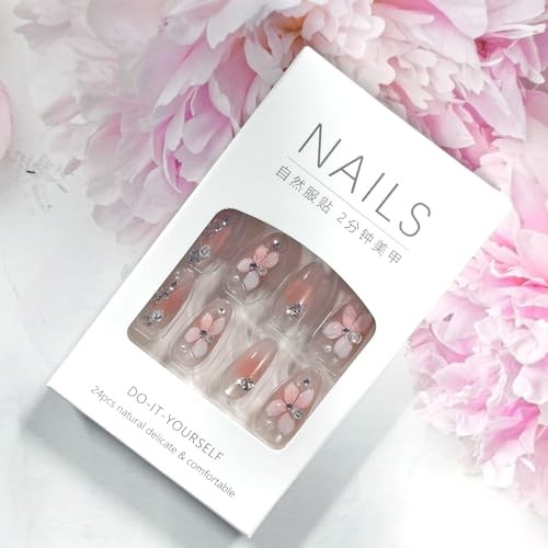 30Pcs Lily Flower Press on Nails Medium Length Rhinestones and Glitter