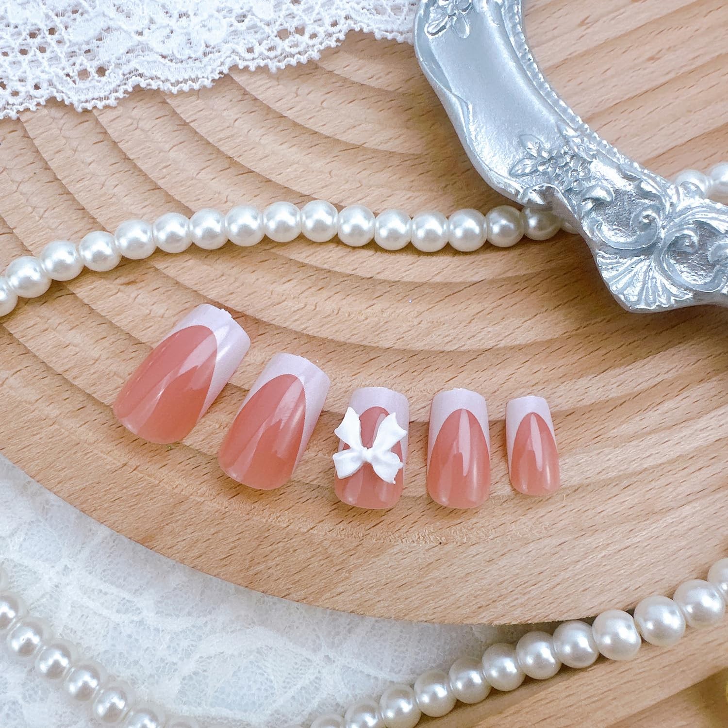 24Pcs White French Tip Press on Nails Short Square Fake Nails with Bow Charms…
