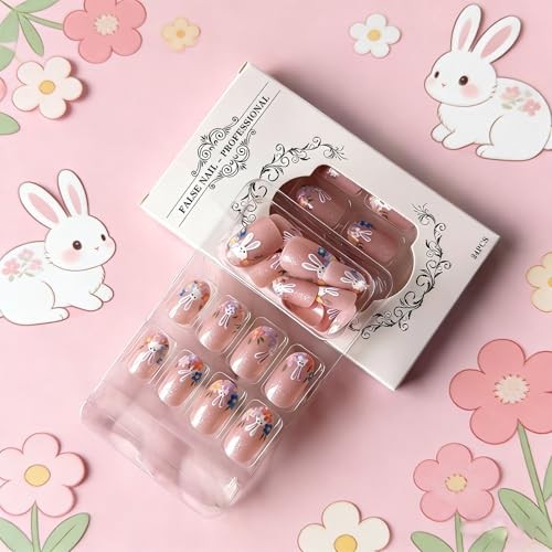 Easter Press on Nails Short Oval Fake Nails with Rabbit French Flower Bunny