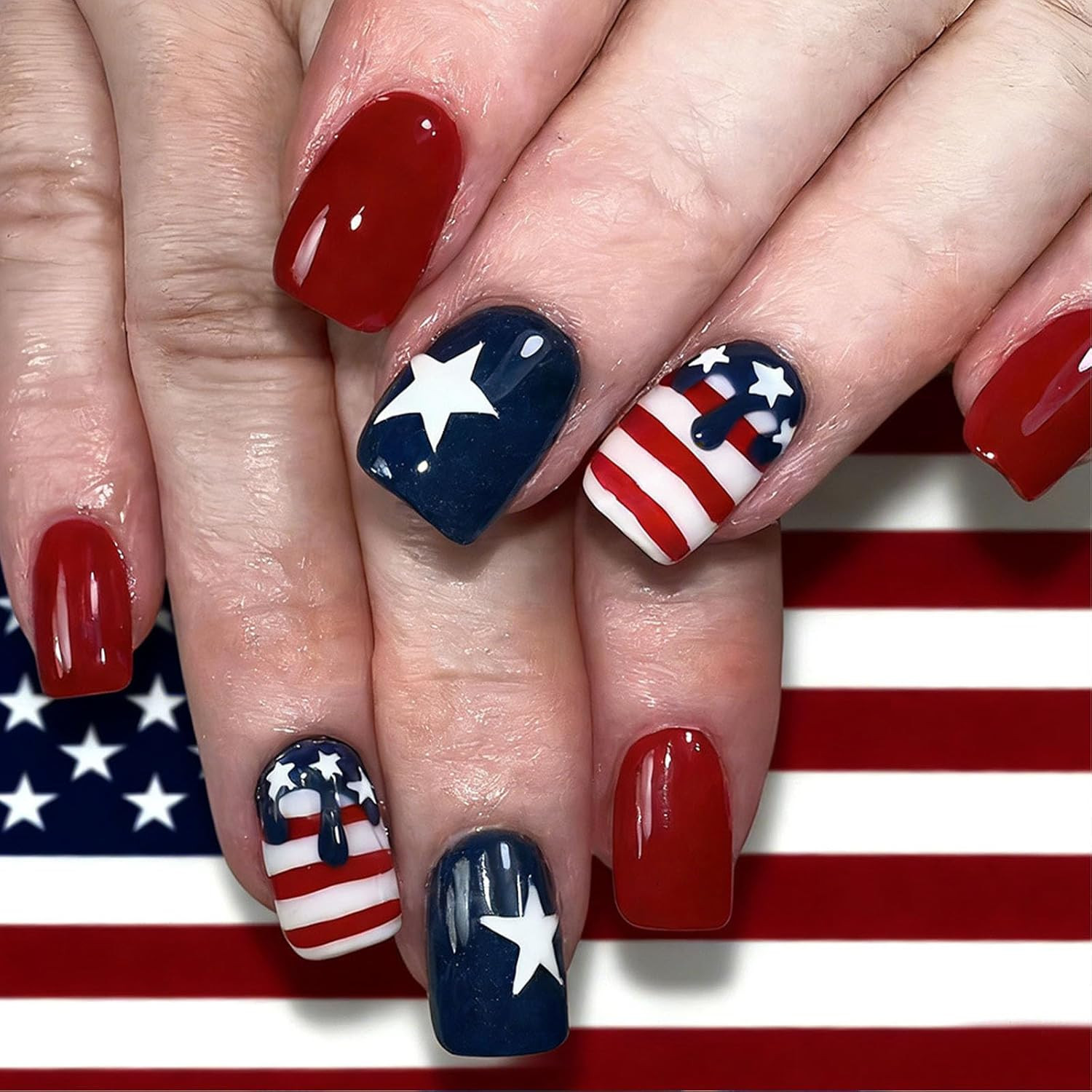 4Th of July Press on Nails Short Square Fourth of July Fake Nails with Stars