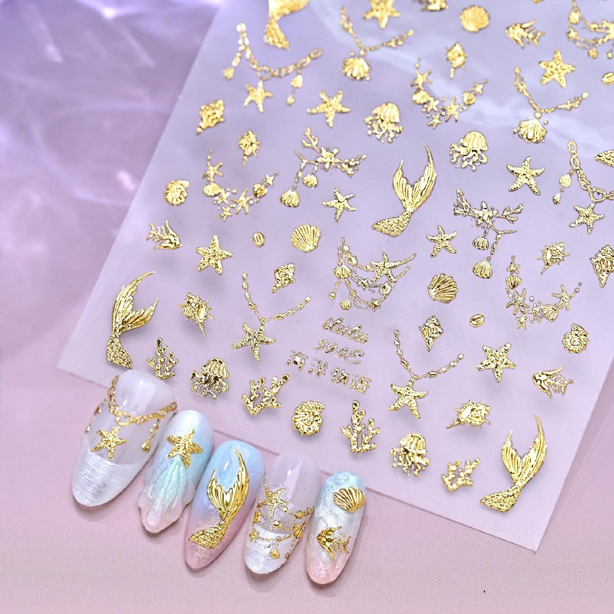 Summer 5D Embossed Nail Art Stickers Gold Glitter Star Shell Nail Decals Self…