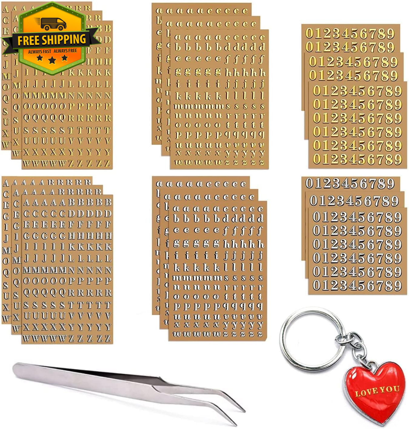 18 Sheets Mini Gold Silver Letter Stickers Nail Art Resin Craft Tweezers