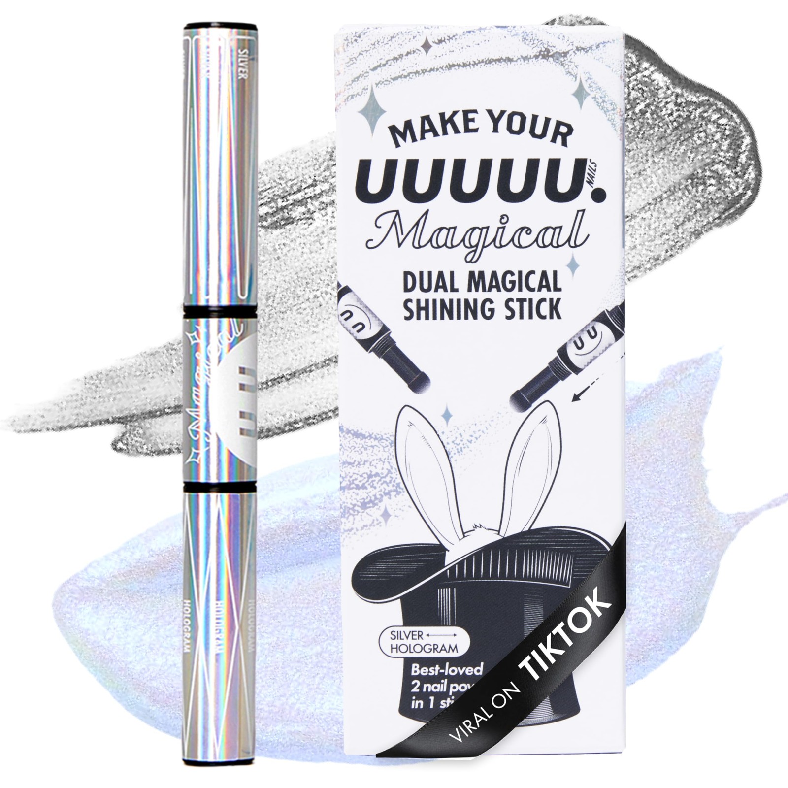 UUUUU. Gel Nail Powder Stick with 0.35 Fl Oz (Pack of 1), Silver, Hologram