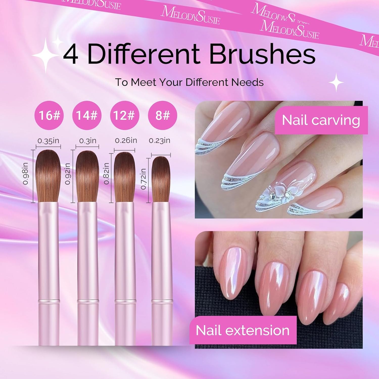 4Pcs Acrylic Nail Brush Set, Size 8/12/14/16 Professional Nail Brushes for Acryl