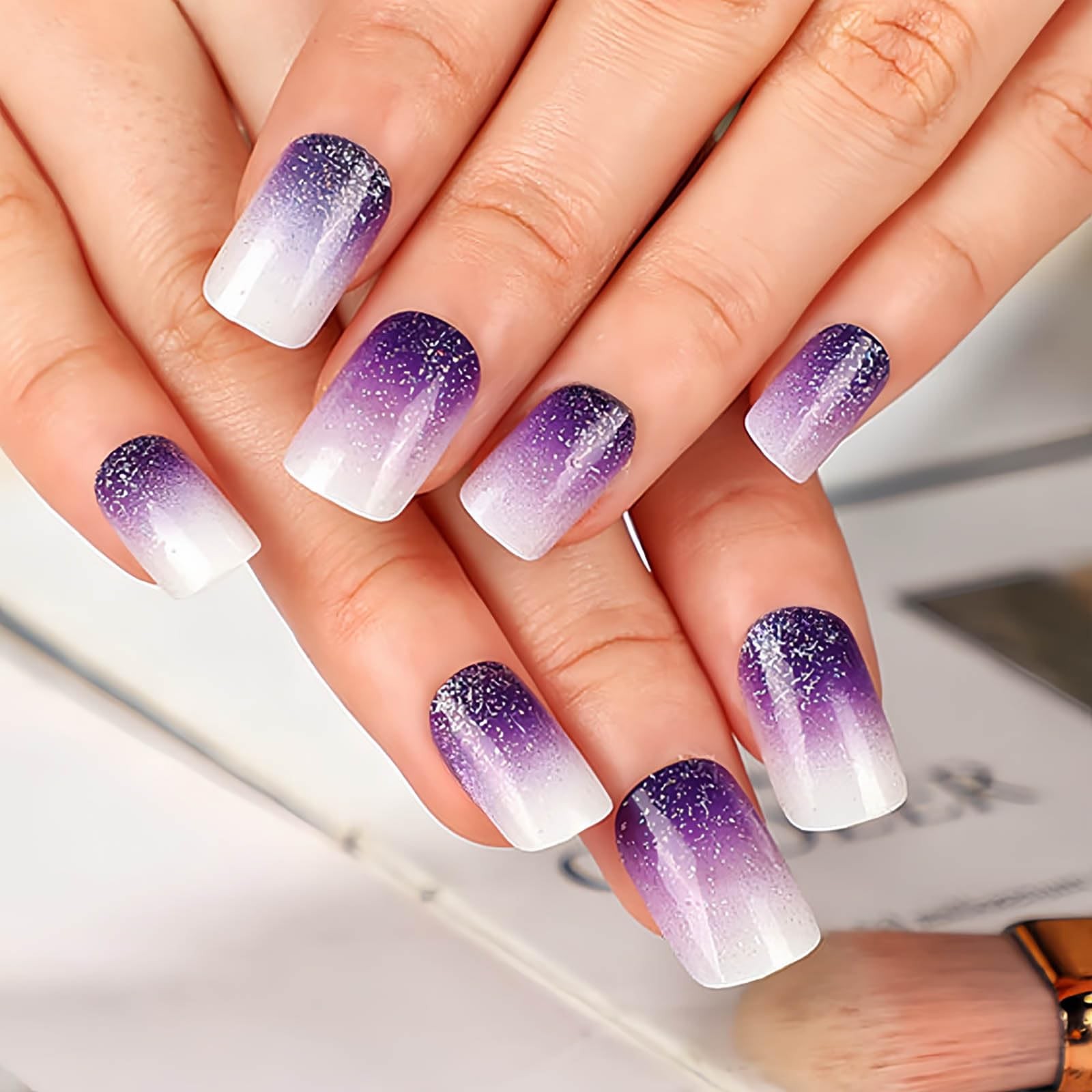Square Press on Nails Short Fake Nails Purple French Tip False Nails Ombre Glue
