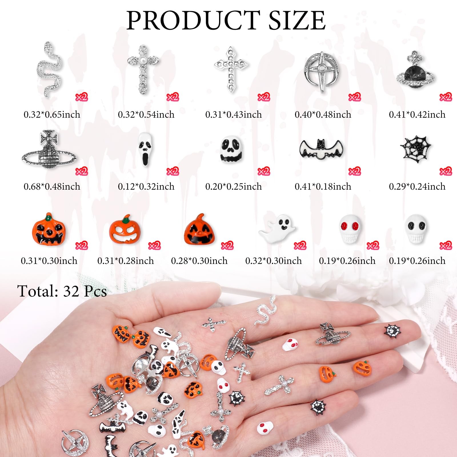 32 Pcs Halloween Nail Charms, 16 Styles Halloween Nail Art Charms Skull Pumpk…