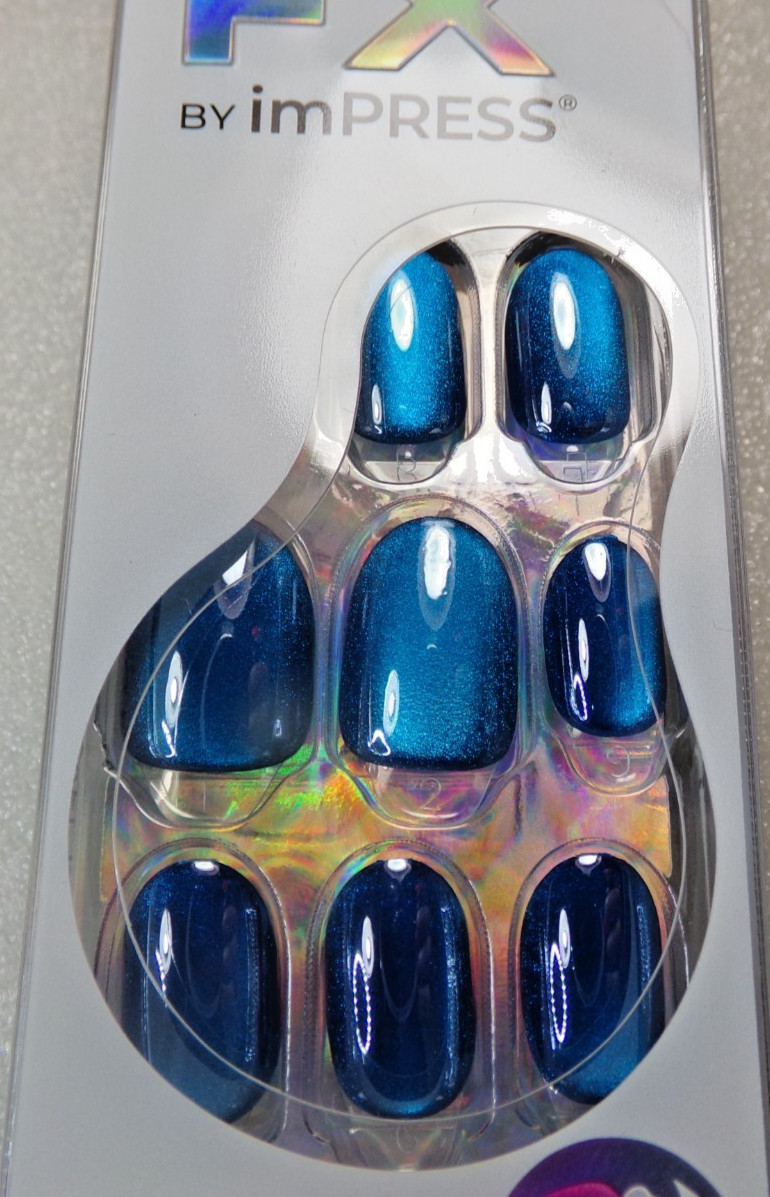Impress Color FX NAILS Shiny Blue Cats Eye Glue on Short Magnetic Effect