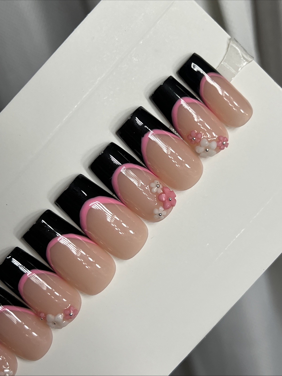 🌸 CUSTOM Press On Nails FRENCH BLACK Flower PINK 10p SET W Kit