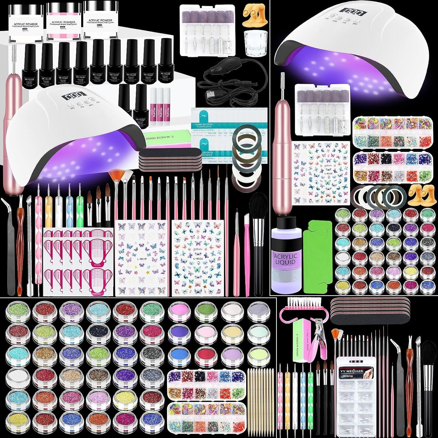 Multicolor Acrylic Nail Starter Kit with UV Lamp & Electric Nail Drill Included