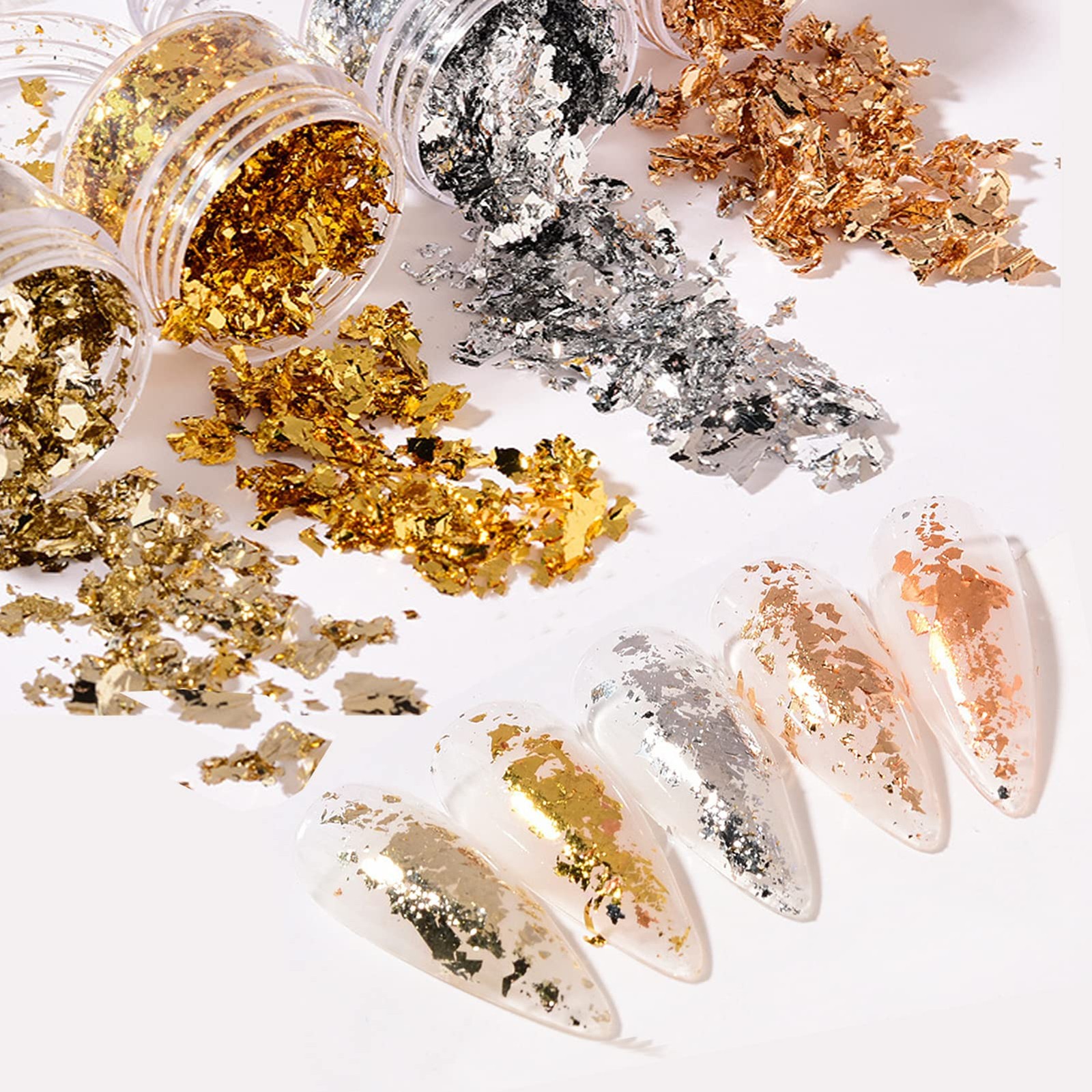 Nail Foil Flakes 4 Bottles Gold Foil Flakes Metallic Gold Foil Set for Nails,…