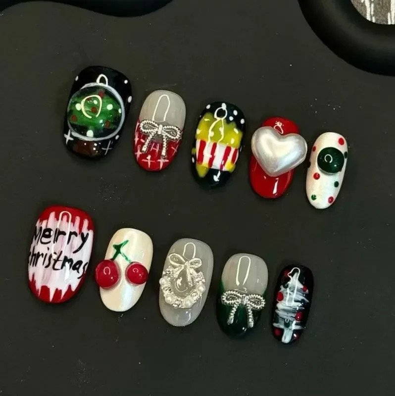 Christmas Style Elegant Press on Nails Red Green Shiny Diamond Bell Snowflake De