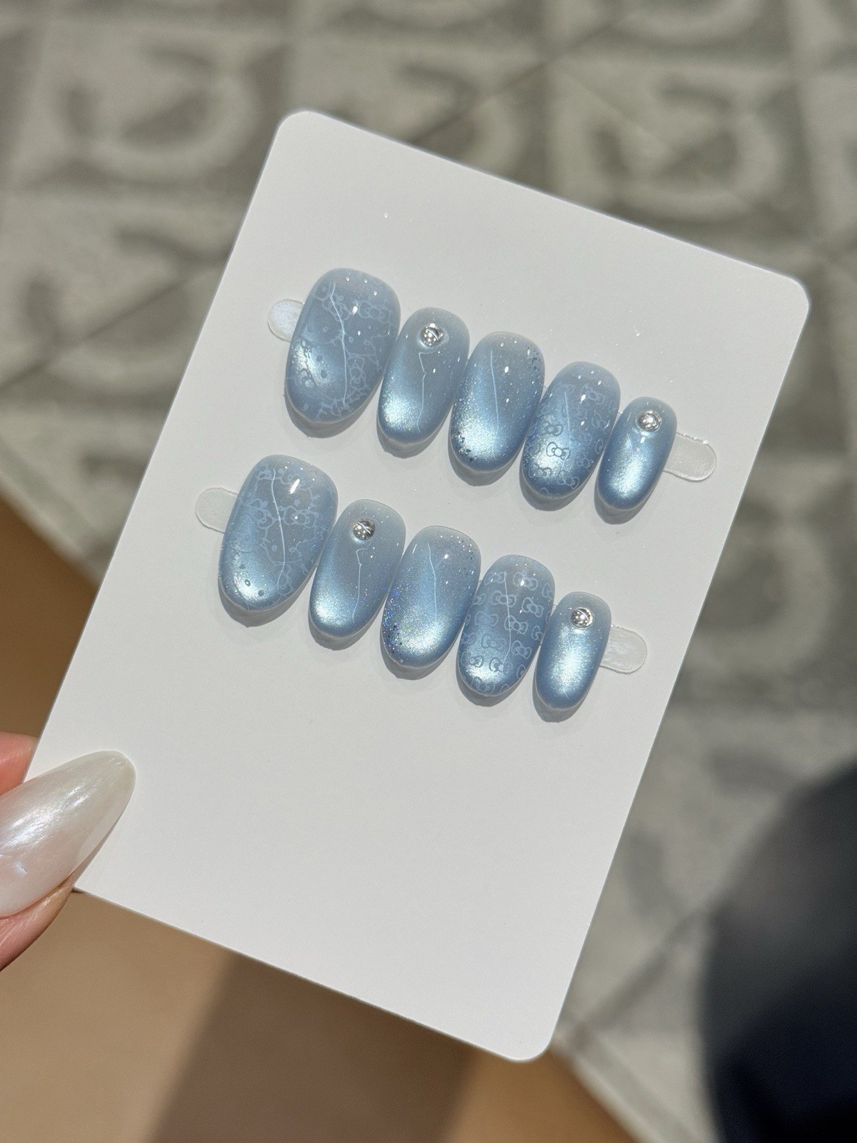 Lume K03, Hello Kitty Press On Nails, Blue Oval Fake Nails, Reusable Handmade
