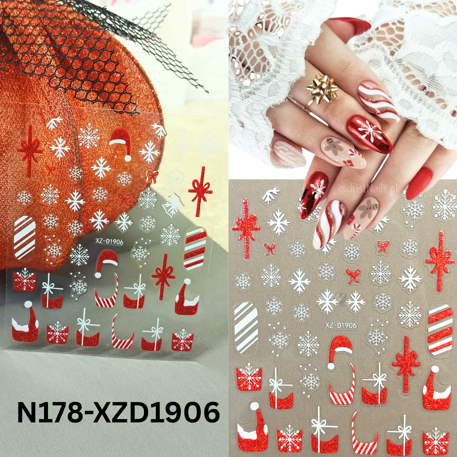 Set of 12 Christmas 3D Nail Decals – Holiday Reindeer, Candy Cane, Santa & Snowf