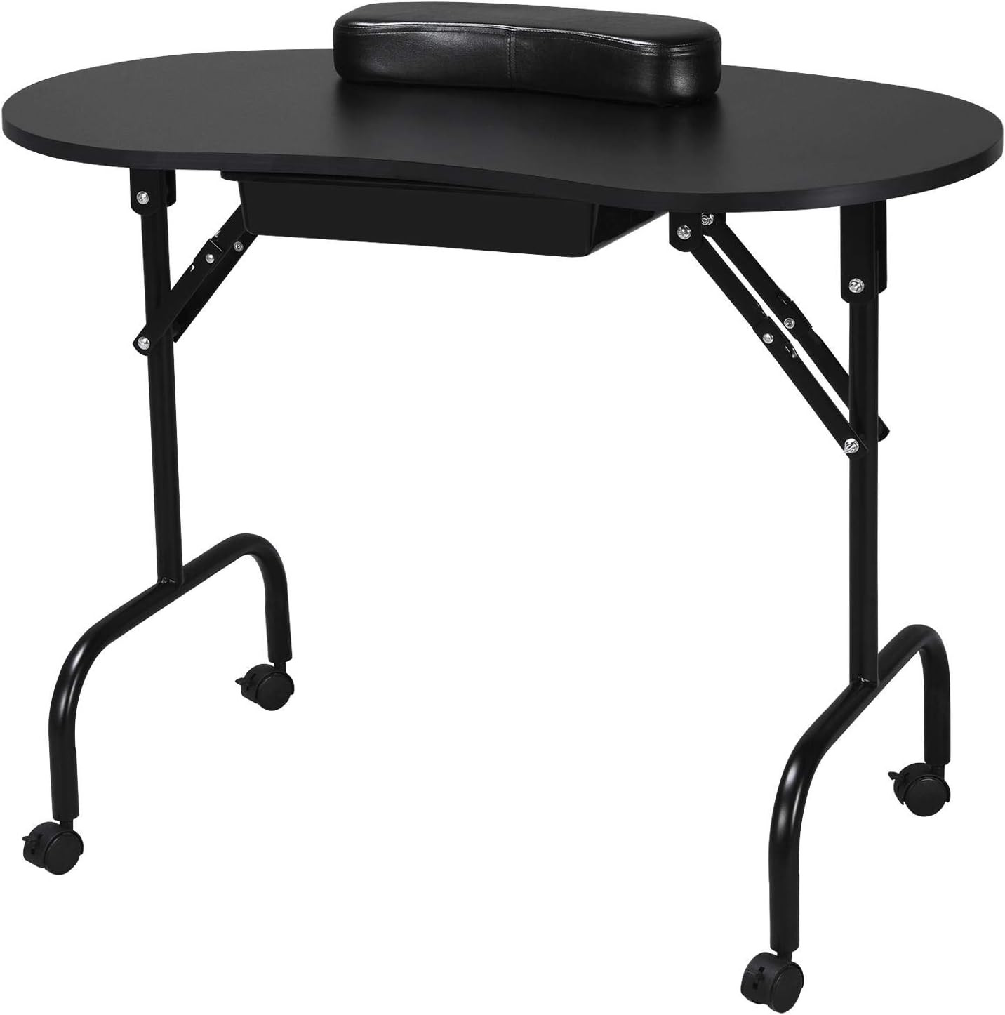 37″ Foldable Manicure Nail Table Portable with Wheels, Black | MDF Tabletop & Ir