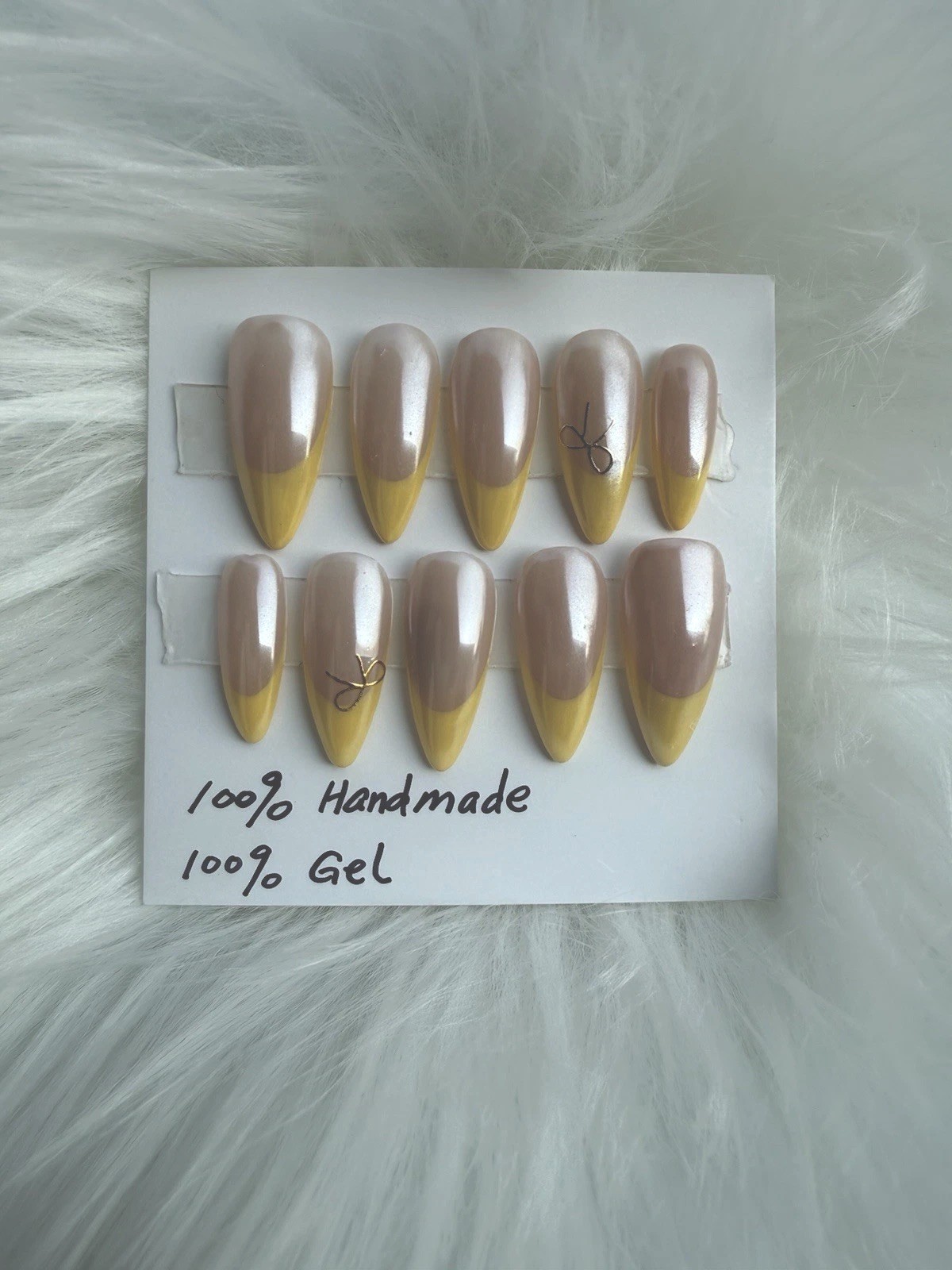 Handmade 10ps gel Press on Nails,Yellow French tip w chrome size Medium