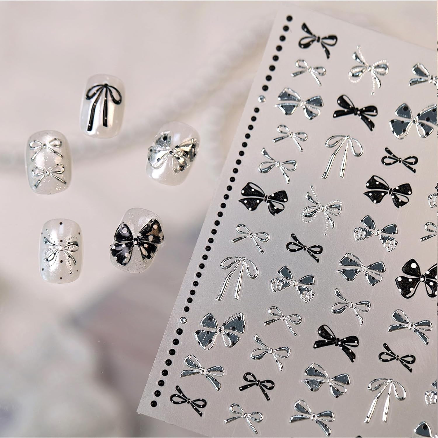 Black Silver Bow Nail Stickers Polka Dot Bowknot Metallic Nail Art Decals | Y2K