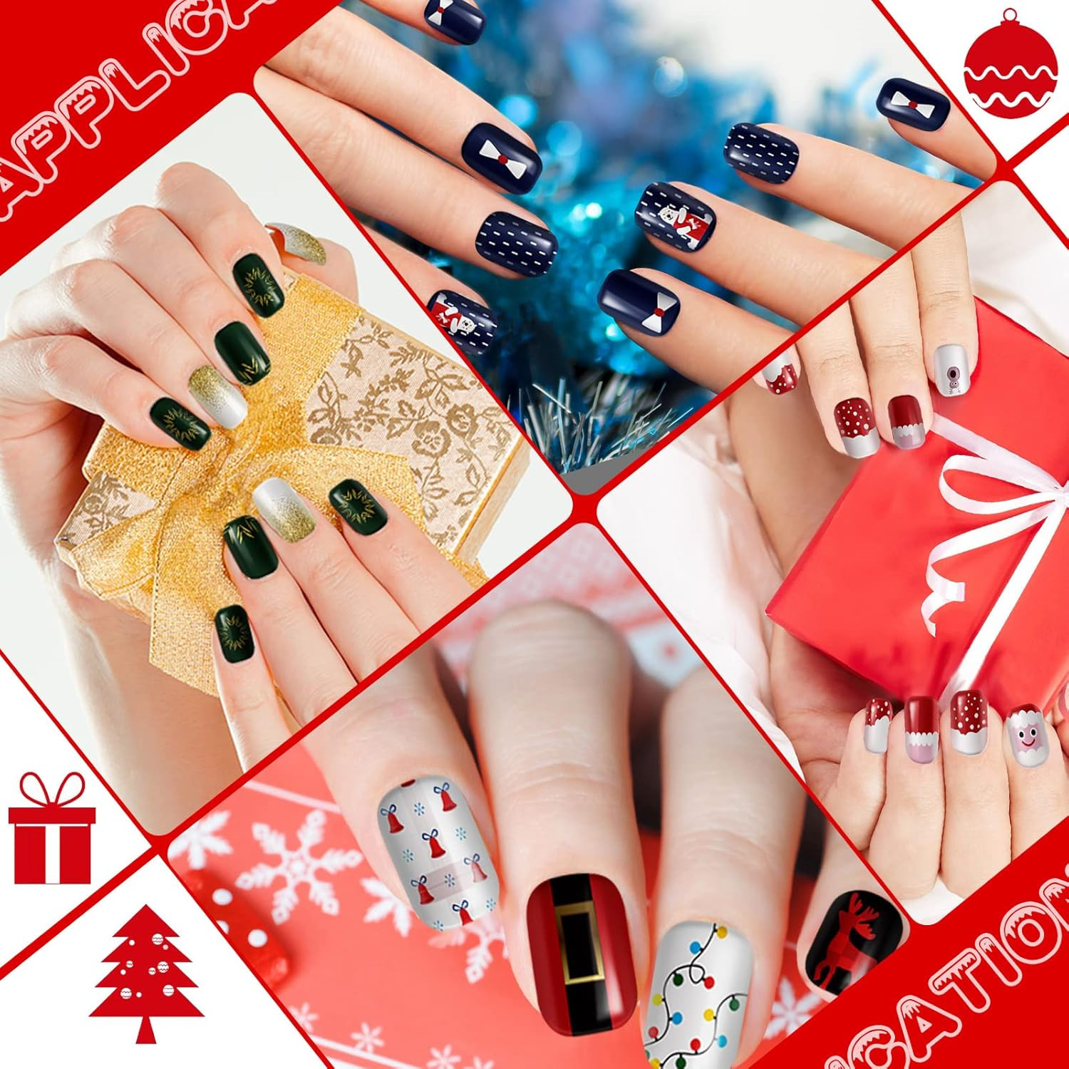 384Pcs 16Pack Christmas Press on Nails Winter Square Short Red Fake Nails with S