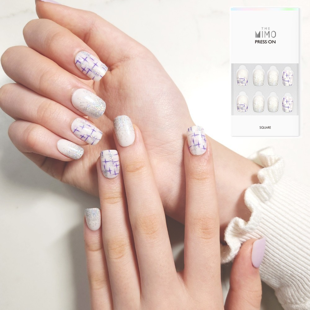 Press-On Nails Square –Lilac and White Mix with Silver Glitter & Purple line Art