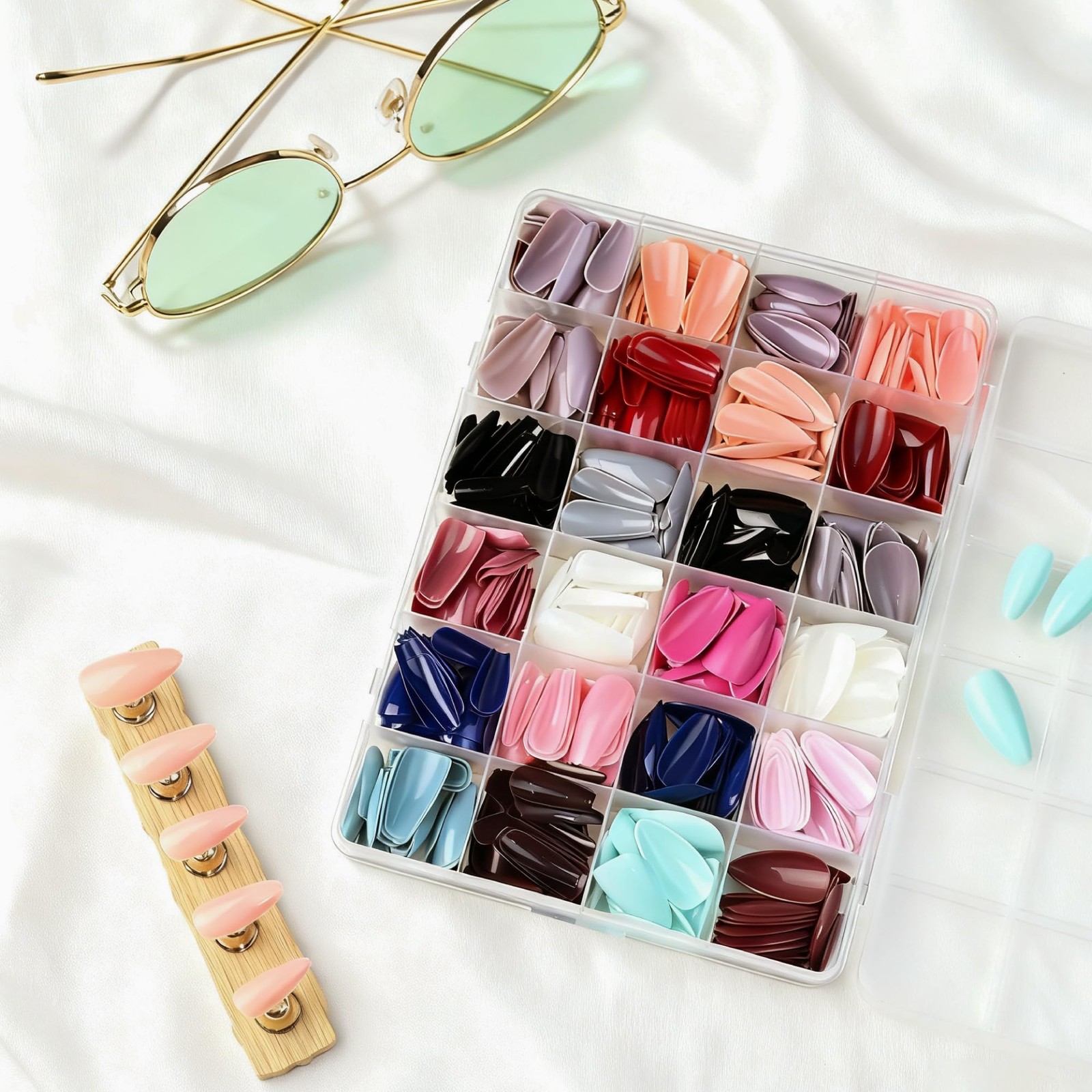 576Pcs Press on Nails Kit, Short Almond & Coffin Shapes, 24 Pack Glossy Fake
