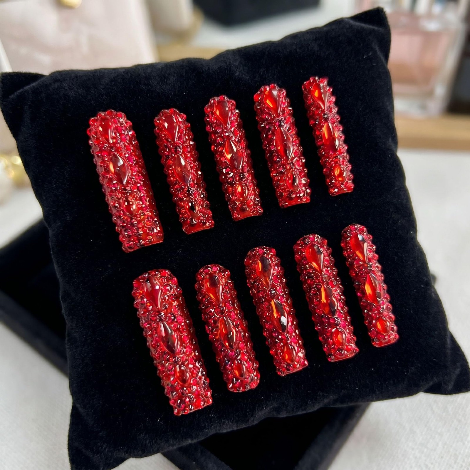 Extra Long Press on Nails Handmade Square Fake Nails Sparkly Red Rhinestones …