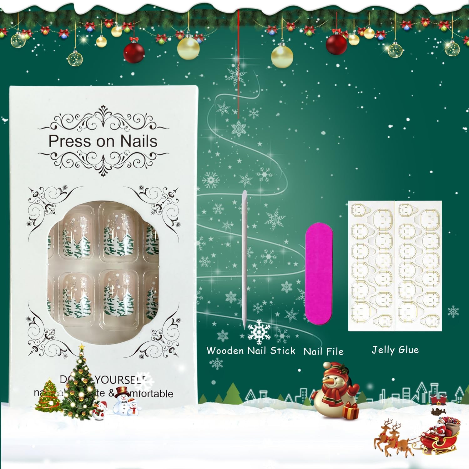 Christmas Press on Nails Short Square Fake Nails Christmas Tree French Tip Fa…