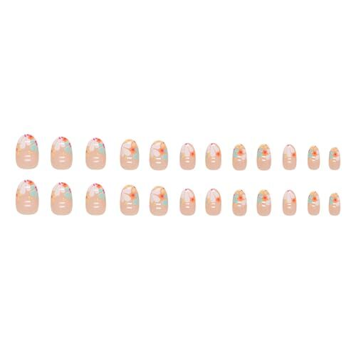 24 Pcs Short Oval Press on Nails Colorful Flower Fake Nails Short Floral