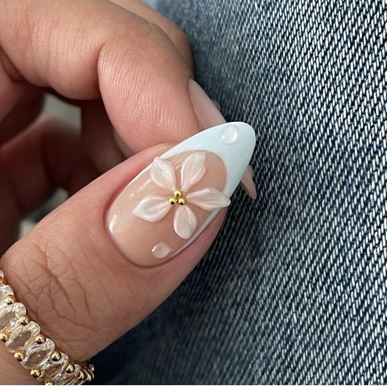 Almond Flower Pearl Press on Nails – Medium 3D Fake Nails with French Tip Des…