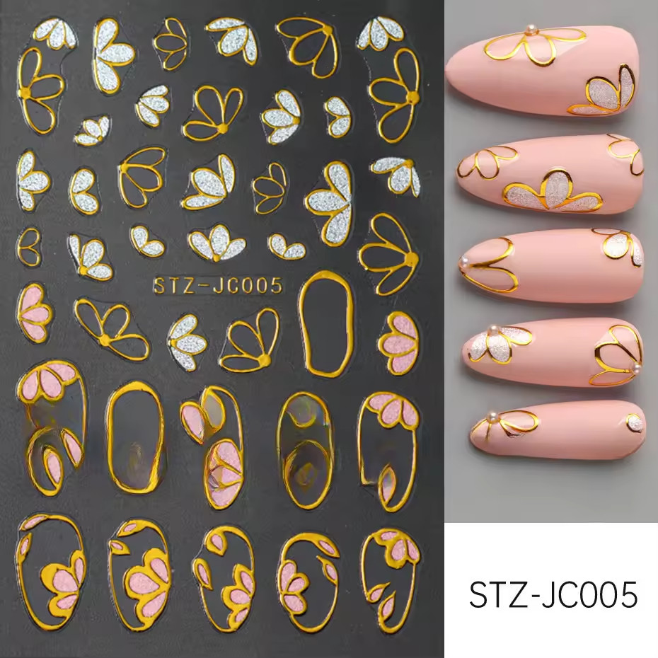 3D Pink Gold Flower Nail Stickers Metallic Floral Sakura Nail Art Decals DIY