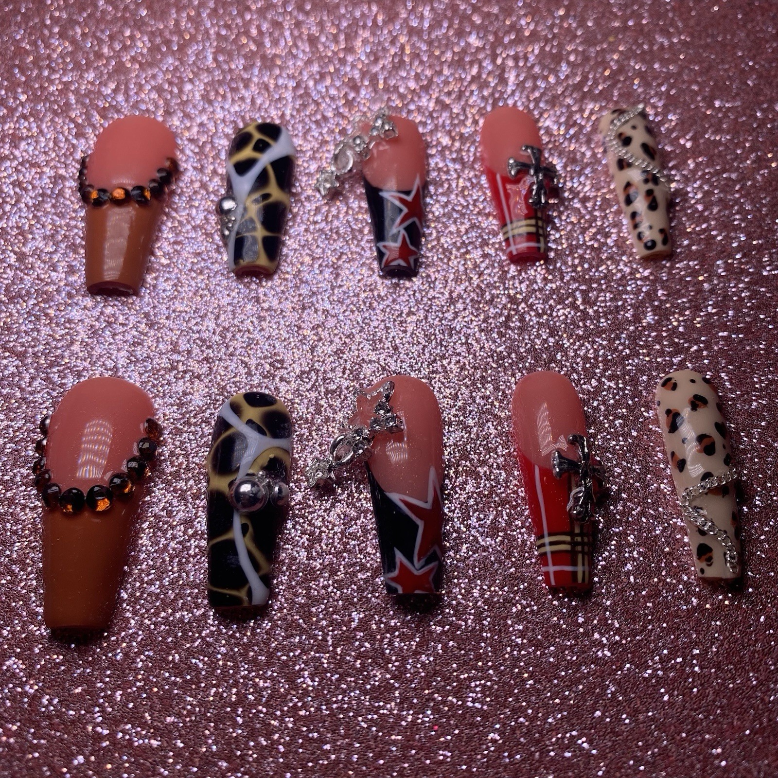 Authentic Nail Arts by Dia Long Coffin Press-On Nails Multicolor 3D Shiny Set