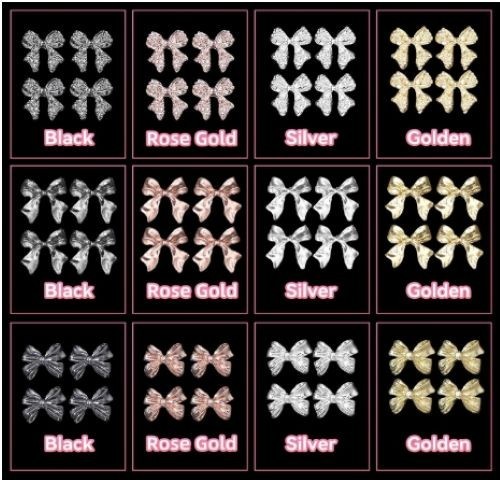 60pcs Bow Nail Charms 3D Metal Gems Gold Silver Black Nail Art Set