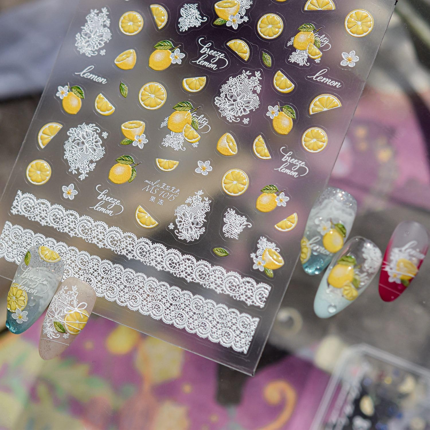 1Pcs Lemon Nail Stickers 5D Embossed Fresh Fruits Nail Decal White Lace Nail Des