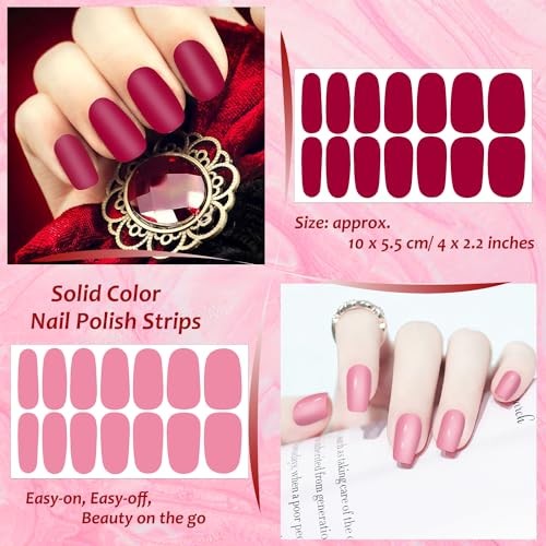 12 Sheets 168 Pieces Solid Color Nail Polish Strips, Self-Adhesive Dark Pink