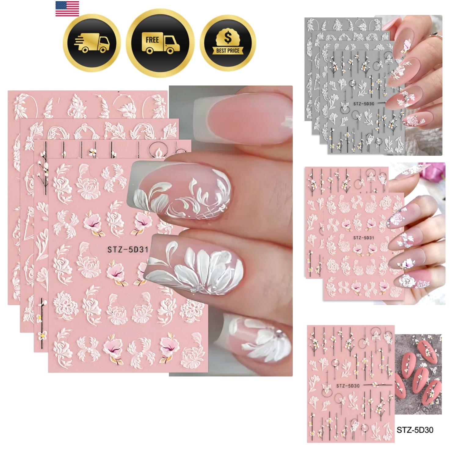 5D Spring Embossed Flower Nail Art Stickers 4 Sheets Real Self-Adhesive Decal…