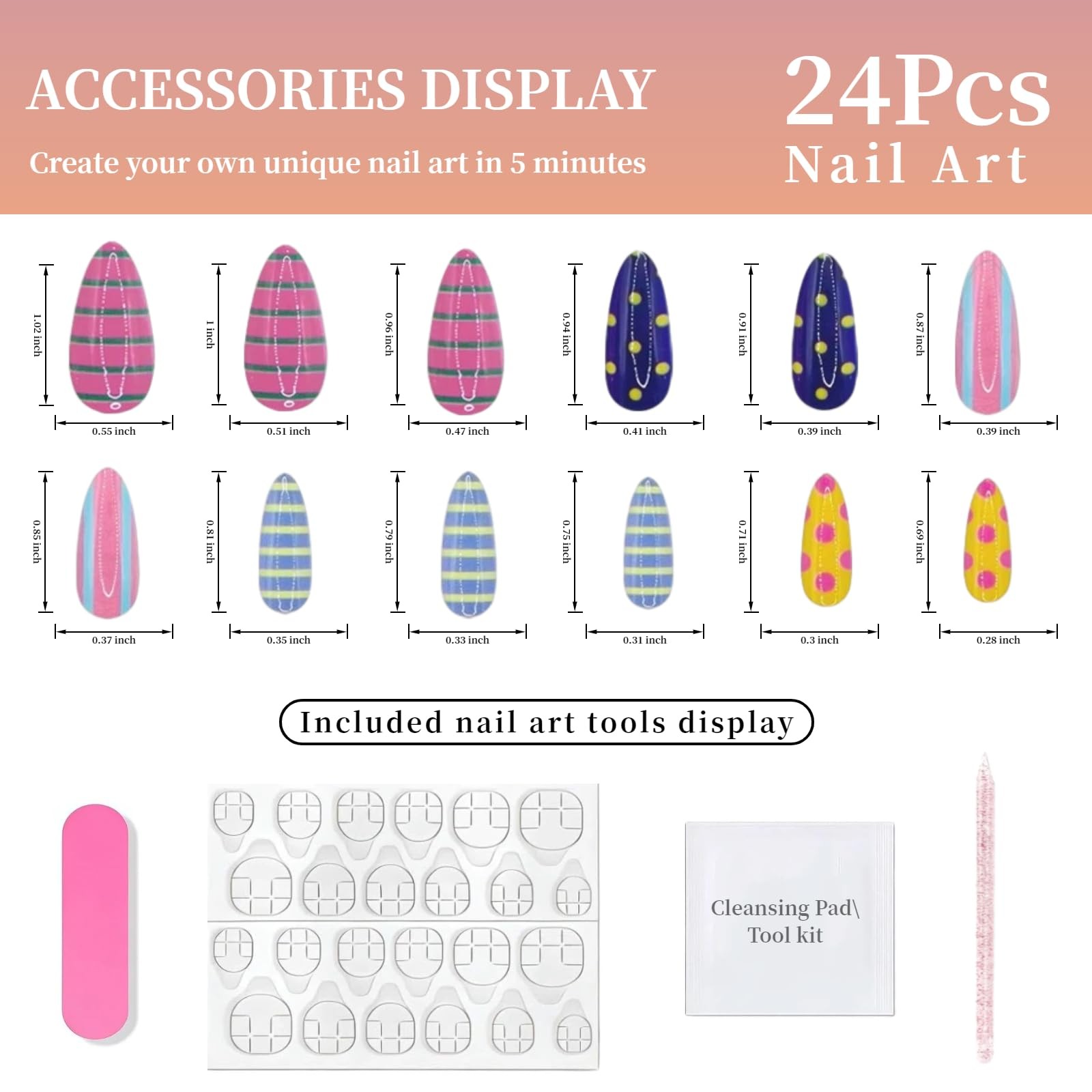Tephrent Medium Almond Press On Nails Polka Dot Stripe