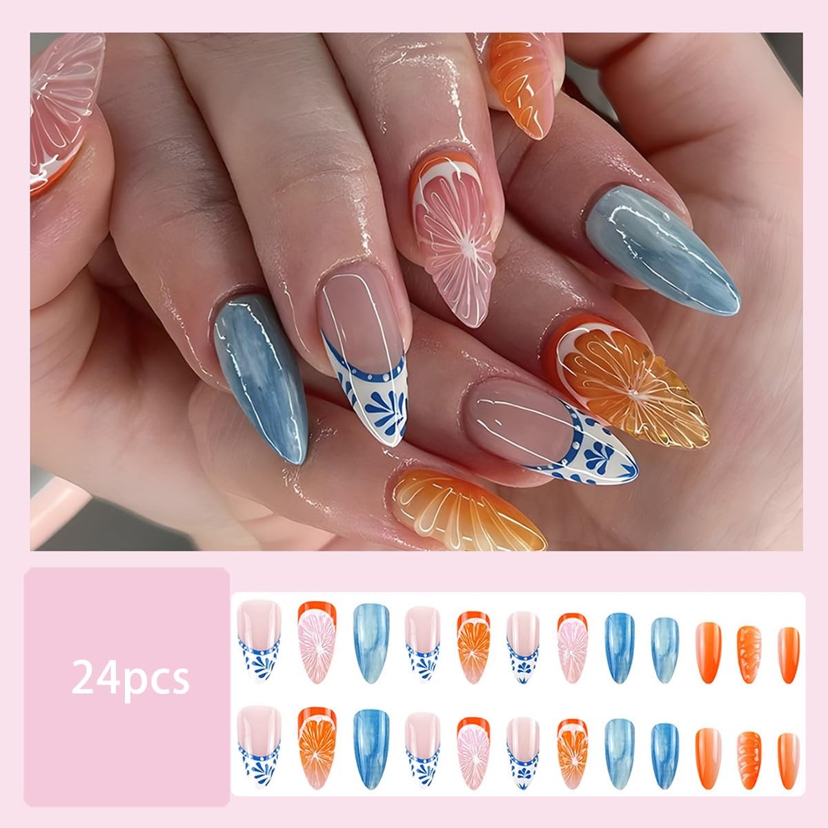 24pcs Orange Medium Almond Fake Nails Blue White French Tip Press on Nails Li…