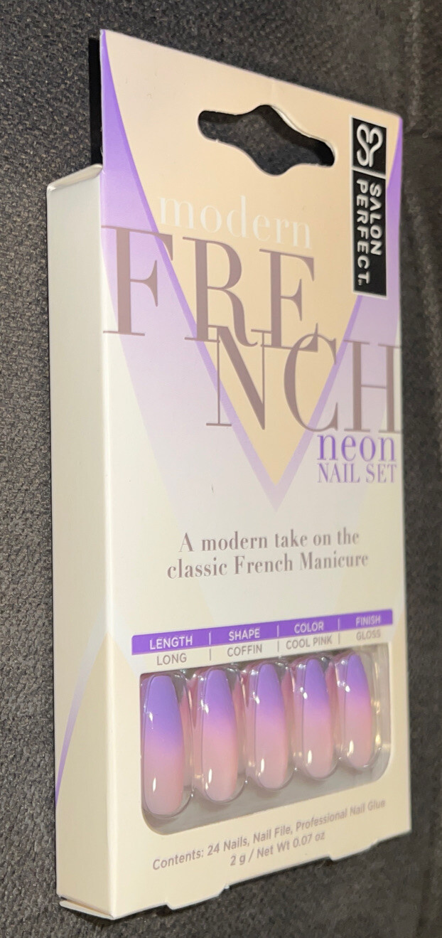 Salon Perfect Modern Neon Purple Ombre French Tip Design Long Coffin Shape Nails