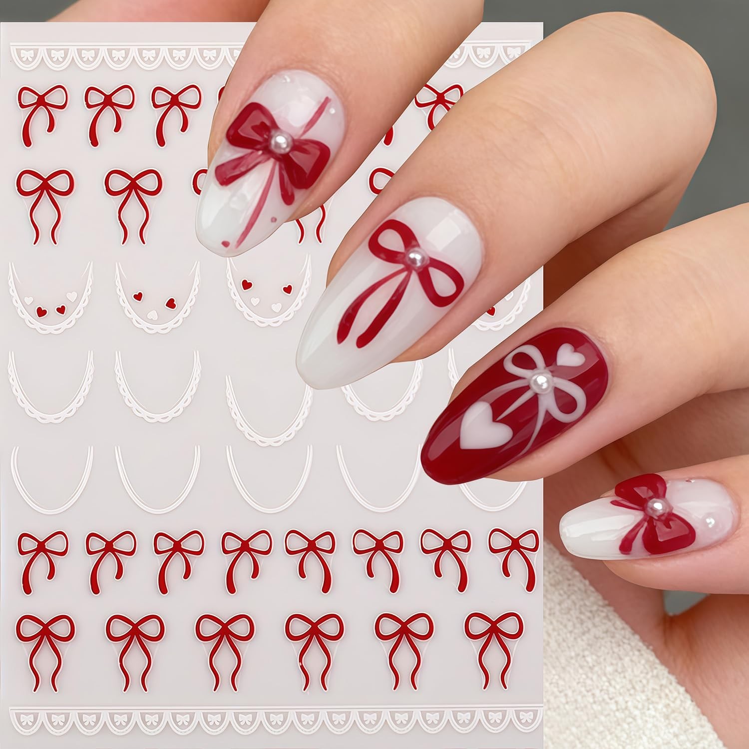 Bow Nail Decals for Nail Art 3D French Tip Nail Stickers Self-Adhesive Decor