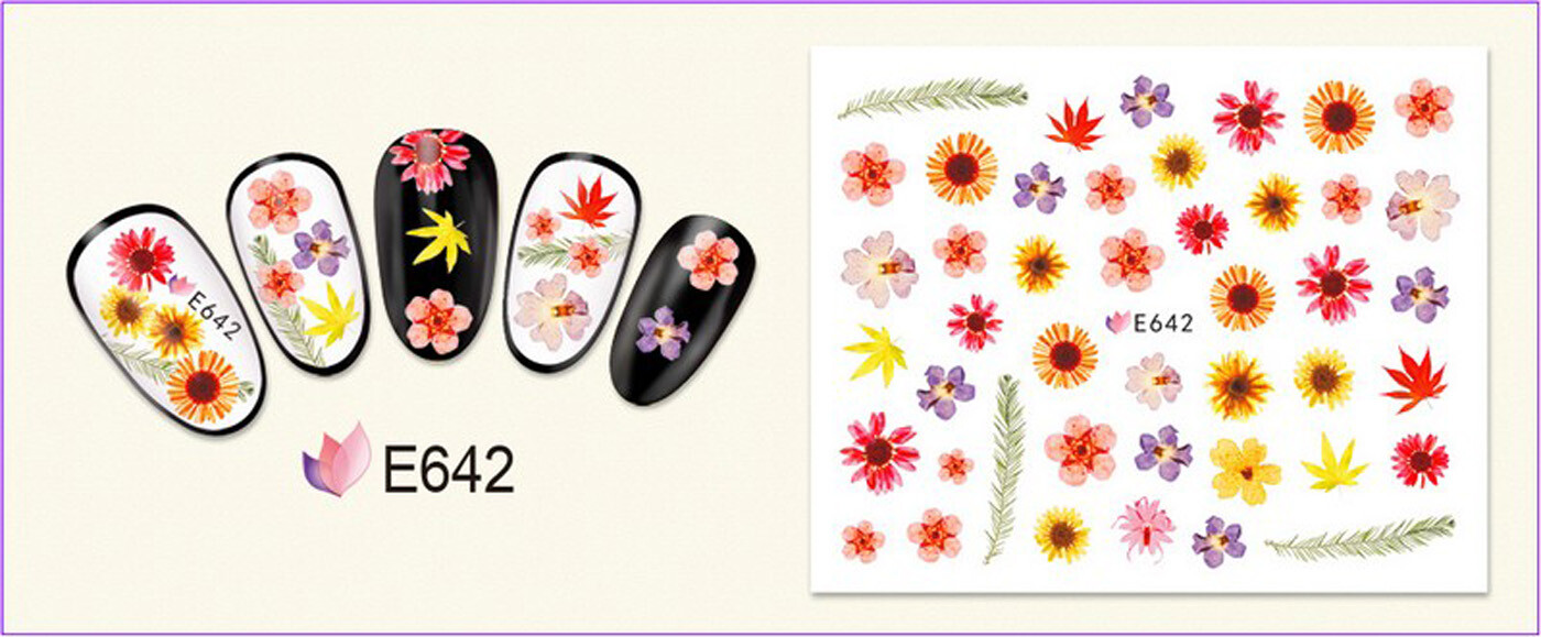 Nail Art 3D Decal Stickers beautiful red pink purple yellow flowers leaves E642