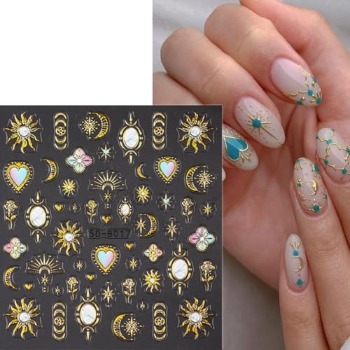 Gold Nail Stickers 5D Sun Moon Heart Nail Decals 2PCS 3D Self Gold Style