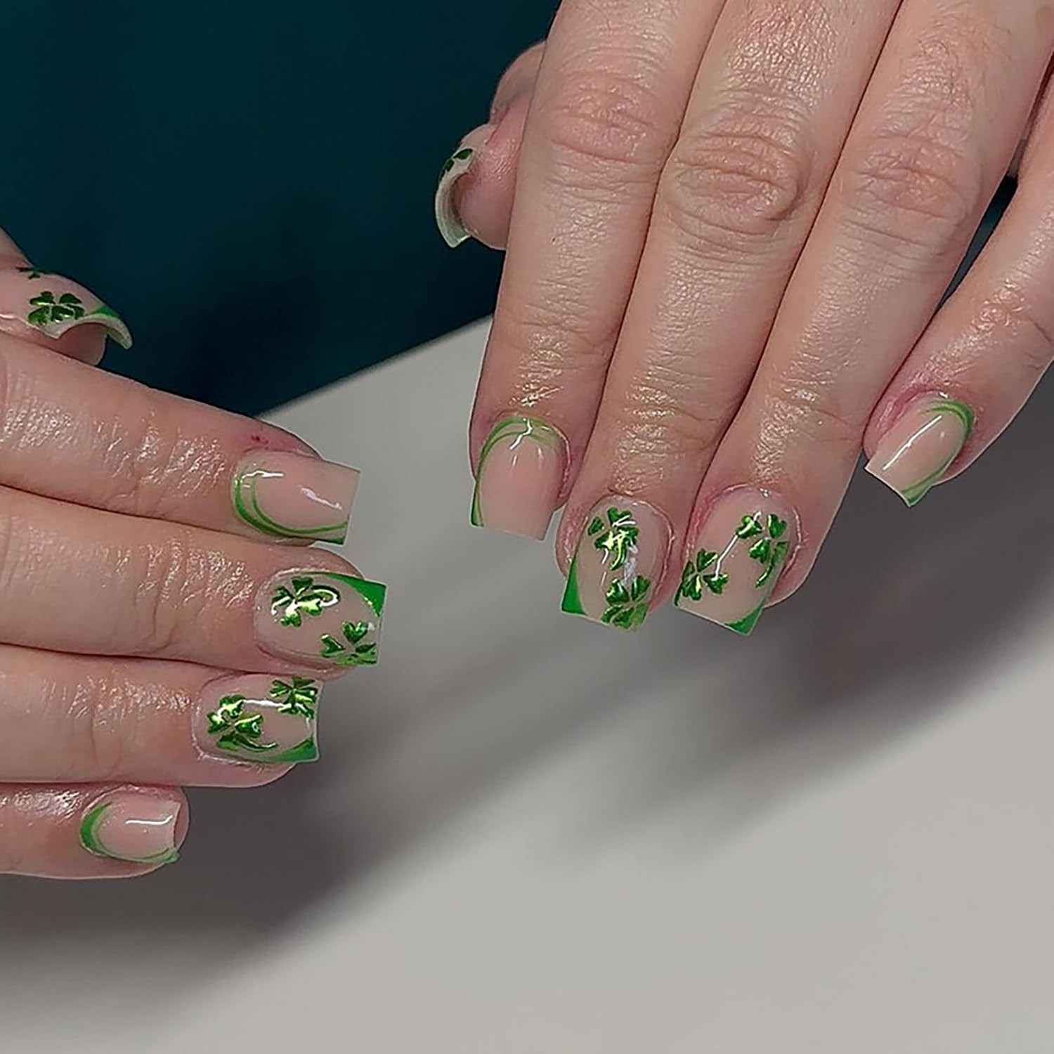 Green Shamrock Fake Nails Short Square Press On Nails French St. Patrick’s Da…