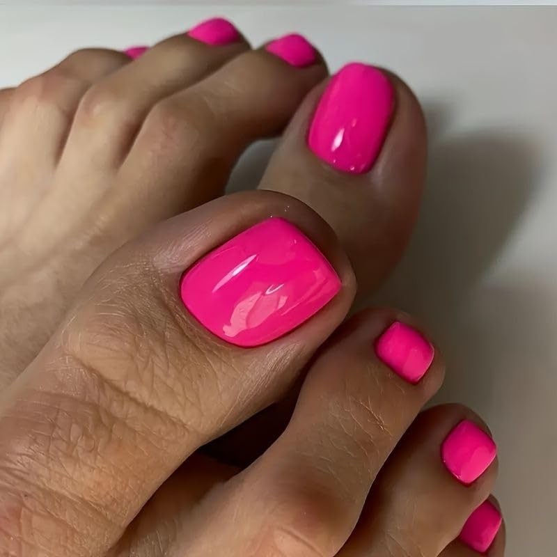 Solid Press on Toenails Short Square Pink Fake Toenails Glossy Color Hot Pink