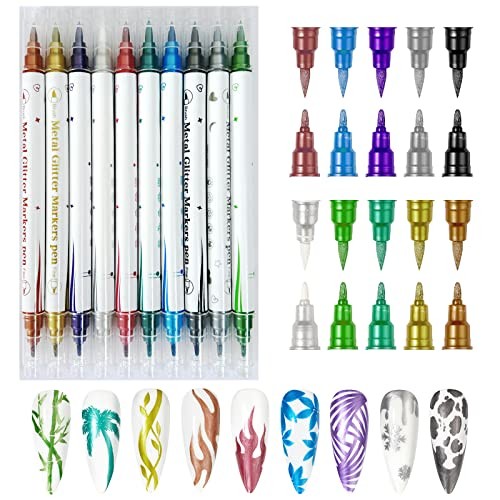 10 Colors Double Ended Metallic Nail Art Marker Pens, 3D Metallic 10 colors